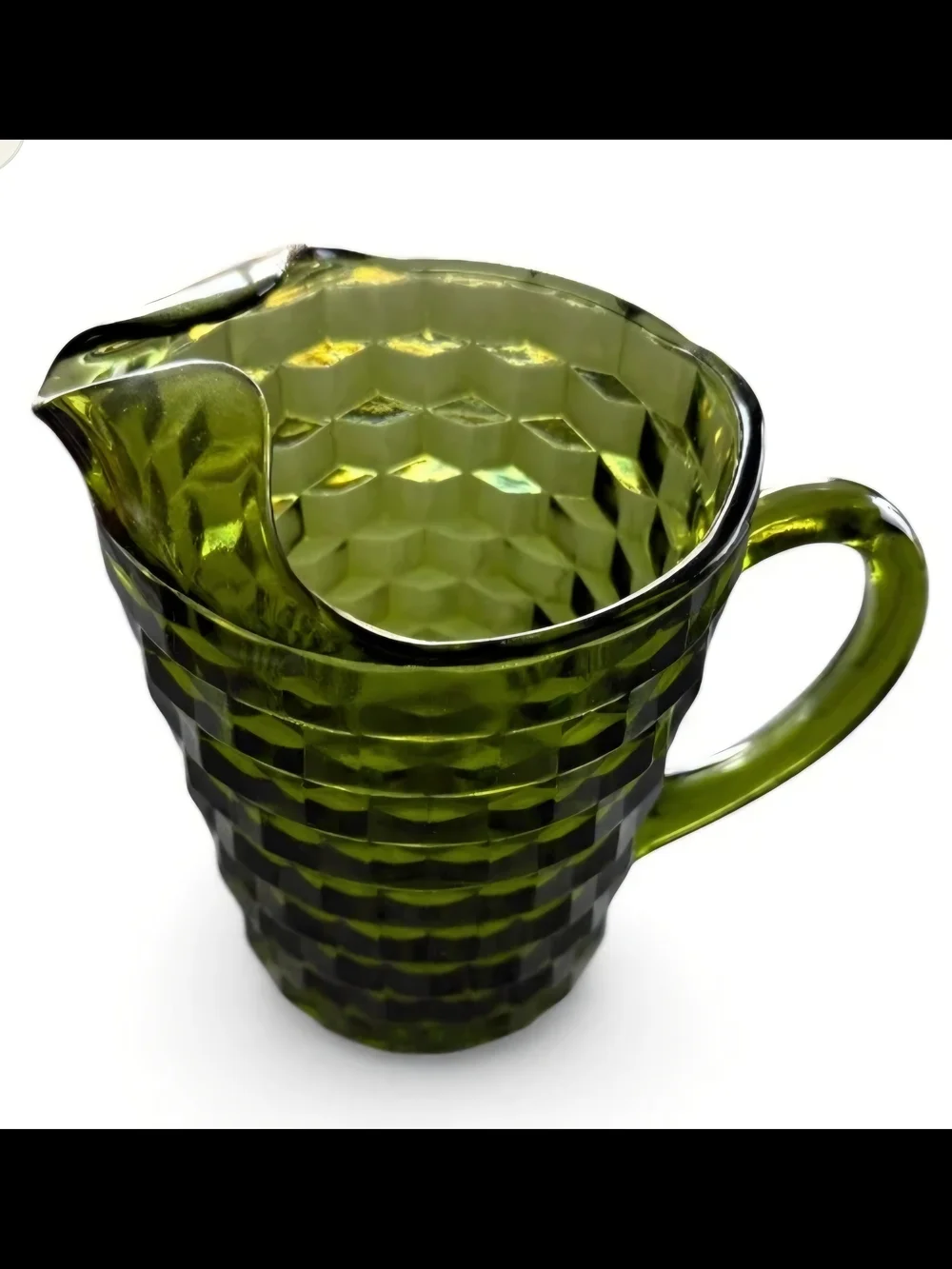 Fostoria Vintage Olive Green Cube Textured Glass Pitcher